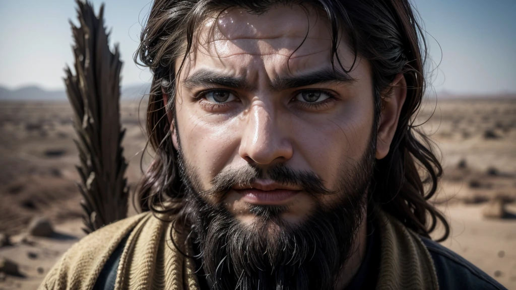 A dramatic photographic style image of a middle-aged man with dark hair and a thick beard, of Middle Eastern ethnicity, sitting among the ashes, looking up with a determined expression. A middle-aged woman with long dark hair and brown eyes, of Middle Eastern ethnicity, stands nearby with a frustrated look. The background shows the barren landscape. The atmosphere is one of defiance and unwavering faith. Created Using: Fujifilm X-T4, wide-angle lens, natural lighting, high resolution, vivid colors, detailed textures, HD quality, emotional intensity.
