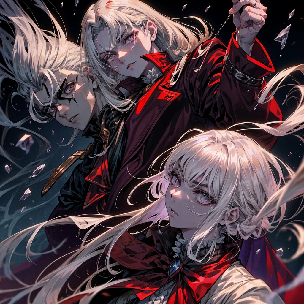 young vampire with the appearance of vampire hunter D and Alucard from Castlevania, left eye patch, long white hair, light bluish purple eyes, and expressionless and imposing face, victorian era clothing, holds in his arms while drinking blood from the neck of a 21-year-old young man, dark brown hair long to the ears, pale skin full and scarred, gray brown eyes.  