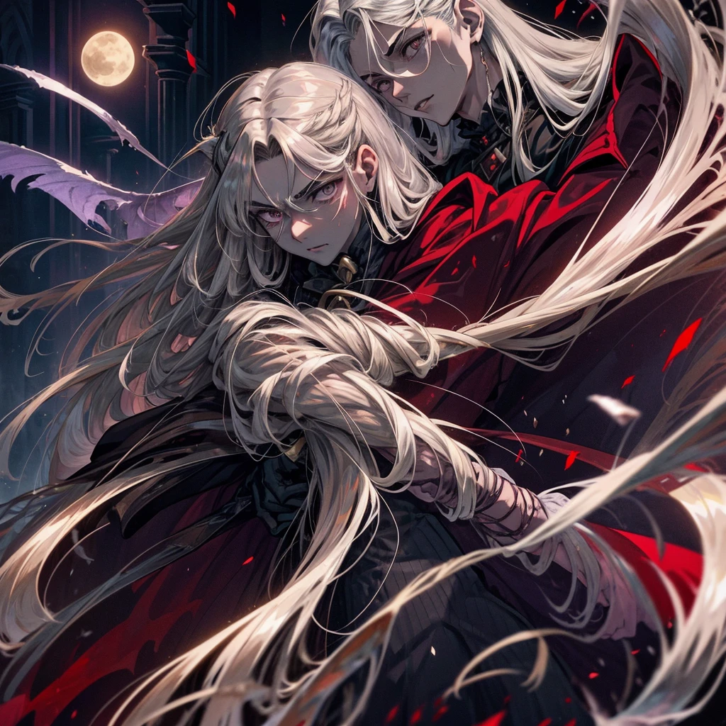 young vampire with the appearance of vampire hunter D and Alucard from Castlevania, left eye patch, long white hair, light bluish purple eyes, and expressionless and imposing face, victorian era clothing, holds in his arms while drinking blood from the neck of a 21-year-old young man, dark brown hair long to the ears, pale skin full and scarred, gray brown eyes.