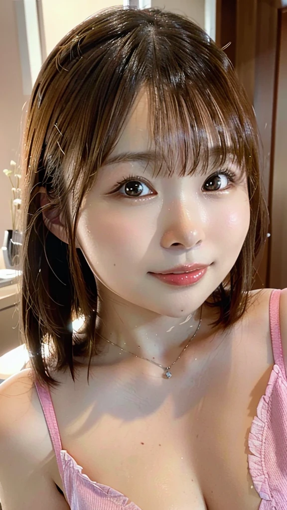 (((Shoulder length brown straight short bob)))、(((Her background is sea、Pose like a model at the hair salon.)))、(((Casual pink summer street fashion)))、yokozuwari、large breasts 、 underboob 、 Half Japanese and Korean、20-year-old girl、independent、look forward to、Light eye makeup、Brown Hair Color、flat 、Hair blowing in the wind、quality of actress、Shiny, Ultra-realistic faces、Smile expression、Watery eyes、look up、Calming lighting effects、 Ultra-Realistic Capture、Very detailed、High resolution 16k human skin closeup、 Skin texture should be natural、Must be so detailed that pores are visible、skin is healthy、Must be an even tone、Use natural light and color、High quality photos taken by a modeling agency&#39;Exclusive photographer
