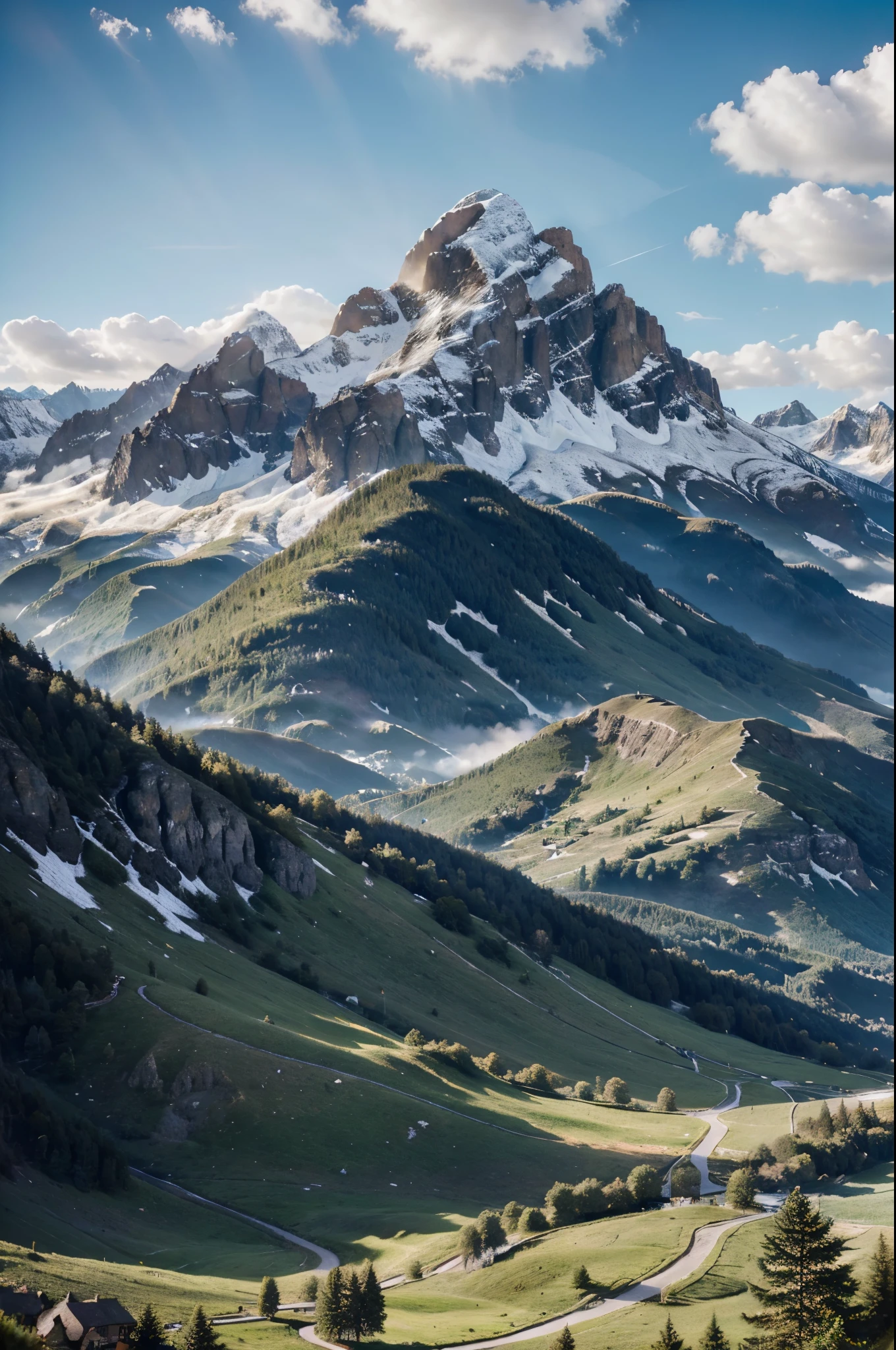 Mountains and sky blends with few clouds sunshine rays make fantastic scenery, realistic, beautiful detailed