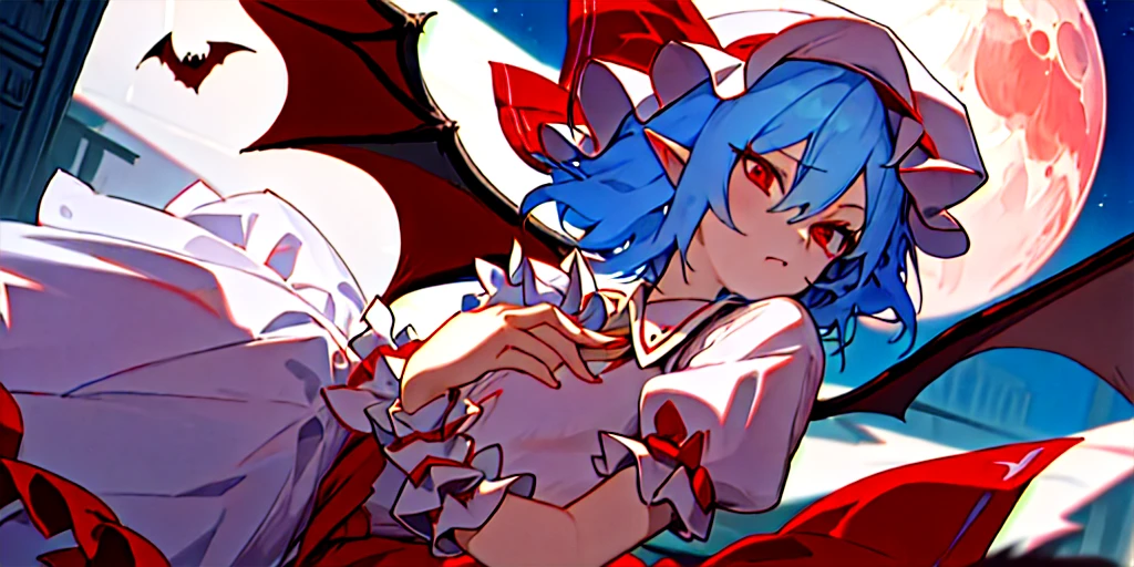 masterpiece,best quality,extremely clear,1girl,solo,remilia scarlet,red eyes,short hair,bat wings,hat,blue hair,hat ribbon,short sleeves,wrist cuffs,puffy short sleeves,red ribbon,frilled shirt,white skirt,frilled,white shirt,frilled sleeves,pointy ears,white headwear,red western style luxury mansion,night,red moonlight,