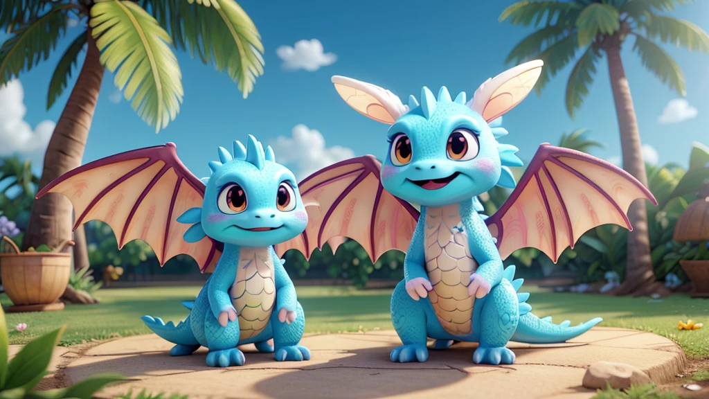 cartoon CGI amazingly cute whitel baby dragon with wings and huge happy eyes, wearing a floral yellow shirt, being barefoot, is sitting outside in a chair in a roasting hot summer heatwave garden looking exhausted and sweaty, using a small white battery-powered fan