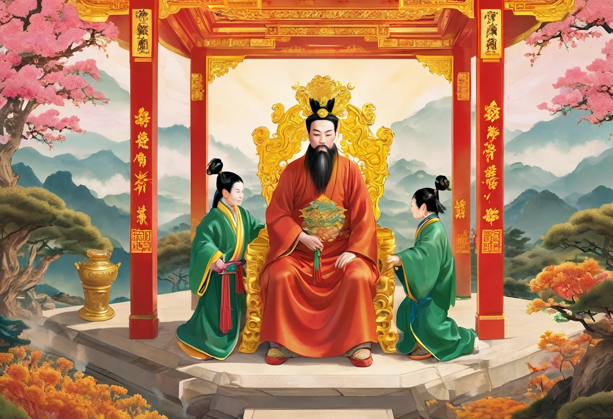 show 2 people, a jade Emperor seated on a magnificent golden throne in the heavenly realm looks down to a young farmer who is in simple clothing stands respectfully before him . Surround them with vibrant celestial flora under a soft, golden light, symbolizing the sacred nature of the encounter.