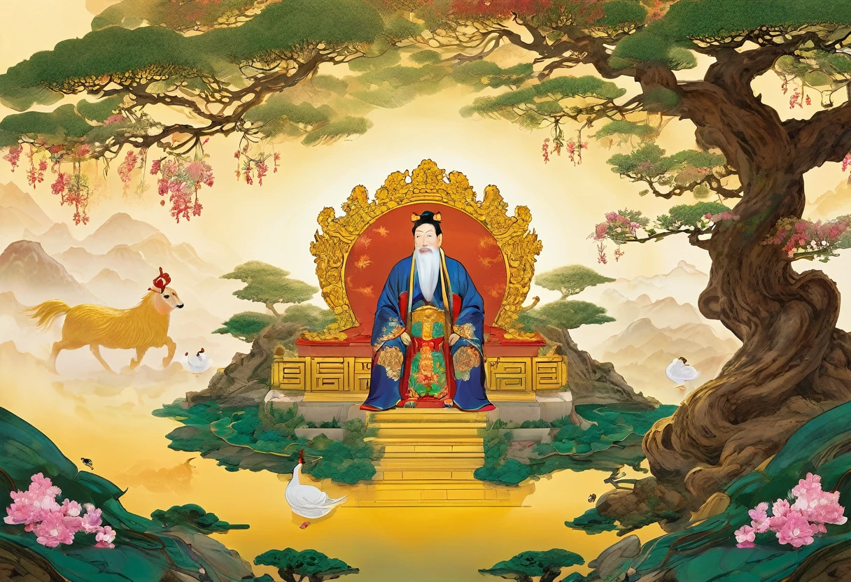 show 2 people, a jade Emperor seated on a magnificent golden throne in the heavenly realm looks down to a young farmer who is in simple clothing stands respectfully before him . Surround them with vibrant celestial flora under a soft, golden light, symbolizing the sacred nature of the encounter.