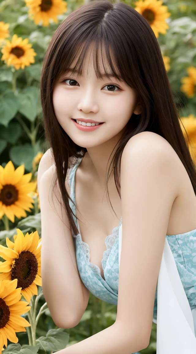 Tabletop, Highest quality, Very detailed, In detail, High resolution, 8k wallpaper, Beautiful big eyes,Black-haired、, Slender body、爽やかなsmile、Shows the whole body down to the waist、Very beautiful face,Very well-formed face、With sunflowers in the background、Beautiful girl wearing a sleeveless dress、smile、