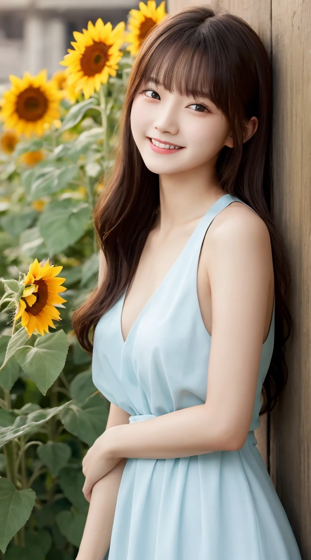Tabletop, Highest quality, Very detailed, In detail, High resolution, 8k wallpaper, Beautiful big eyes,Black-haired、17 years old, Slender body、爽やかなsmile、Shows the whole body down to the waist、Very beautiful face,Very well-formed face、With sunflowers in the background、Beautiful girl wearing a sleeveless dress、smile、