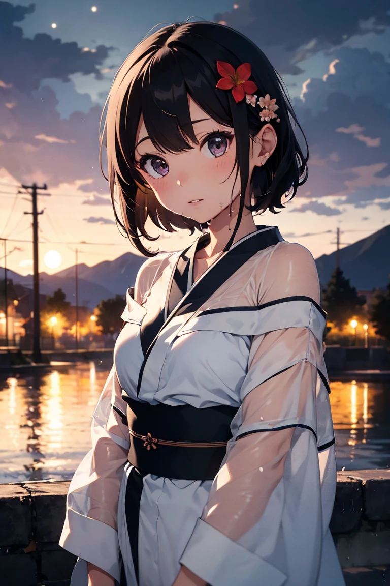 One girl, chest, moon, lanthanum, night, alone, large chest, hair ornaments, Wet, kimono, kimono, water遊び, water, hair flower, flower, Outdoor, null, full moon, rain, Black Hair, Off the shoulder, Mountain, cloud, Holding, sash, Bare shoulders, paper lanthanum, Are standing, white kimono, night null, Side bust, heart, Wet clothes, bangs, wood, From the side, reflection, short hair, cloudy null, Wet hair (((masterpiece),(Highly detailed CG Unity 8k wallpaper),Highest quality,,alone,One girl,Cinema Lighting,Detailed Background,Beautiful attention to detail,Bright Eyes, (Very delicate and beautiful),(Beautifully detailed eye depiction), Super detailed,masterpiece,)),