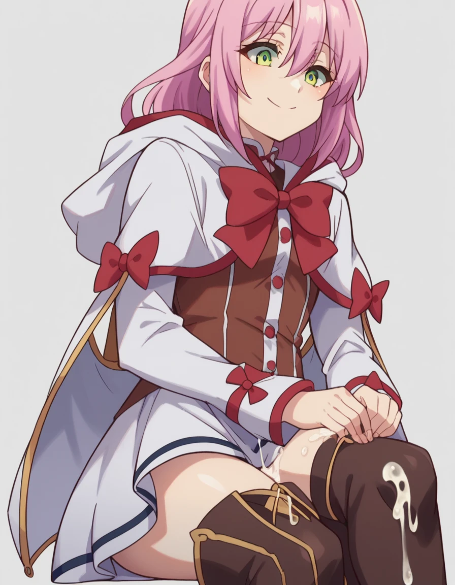 score_9, score_8_up, score_7_up, source_anime, nornclatalissajioral, norn clatalissa jioral, long hair, hair between eyes, green eyes, pink hair, long sleeves, dress, bow, red bow, hood, robe, white robe, simple background, smile, thigh high boots, penis, cum on boots, nsfw, legs_crossed, cbt, femdom