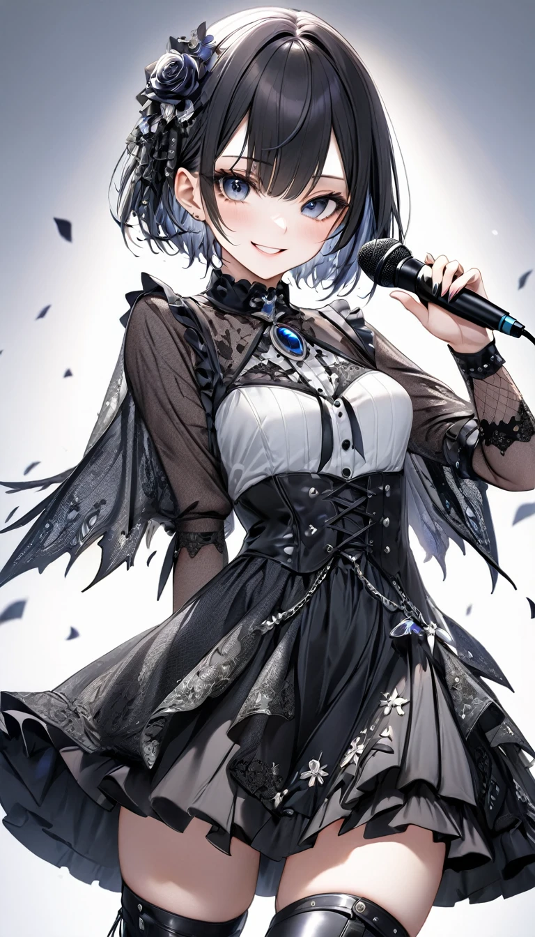 (((White background:1.2)))、(masterpiece、Ultra HD、Masterpiece、4K)、Perfect Style、Scandinavian Gothic Metal Girl, Intricate details, Highly detailed eyes, Black shorthair、white gothic dress, Flash photography, Intricate details、smile、Wear long black boots、mini skirt、Intense movement、Uplifting、looks fun、masterpiece,high quality,One person girl,Idol singer,Gorgeous gothic outfit,Holding a microphone,sing,Rich in details,Correct finger,Cinema Lighting,