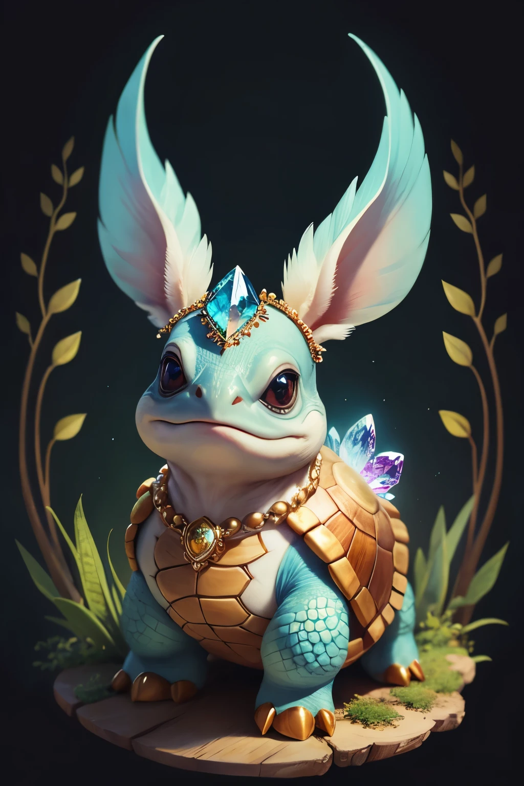 Cartoon illustration of baby turtle with hoof studded in crystals, Portrait of a cartoon animal, magical character, official illustration, cute portrait of a baby turtle with hoof studded in crystals