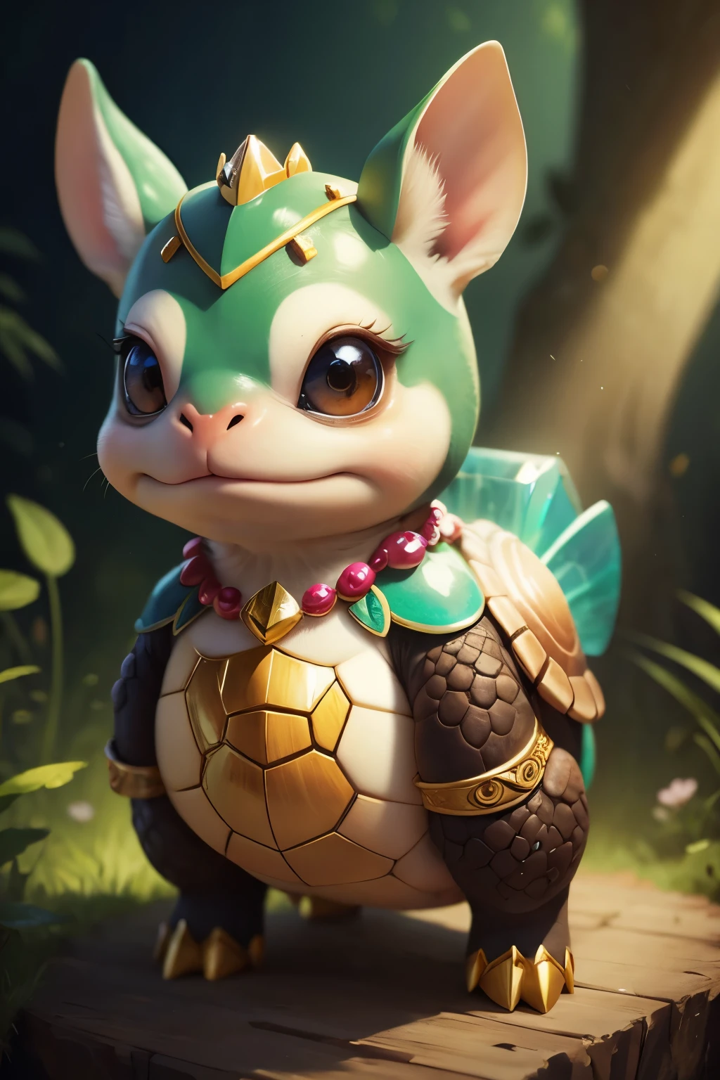Cartoon illustration of baby turtle with hoof studded in crystals, Portrait of a cartoon animal, magical character, official illustration, cute portrait of a baby turtle with hoof studded in crystals