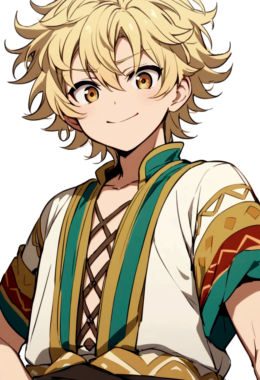 Anime,boy,cute face, Blonde hair, pretty, with blue ,Messy hair ,Brazilian clothing