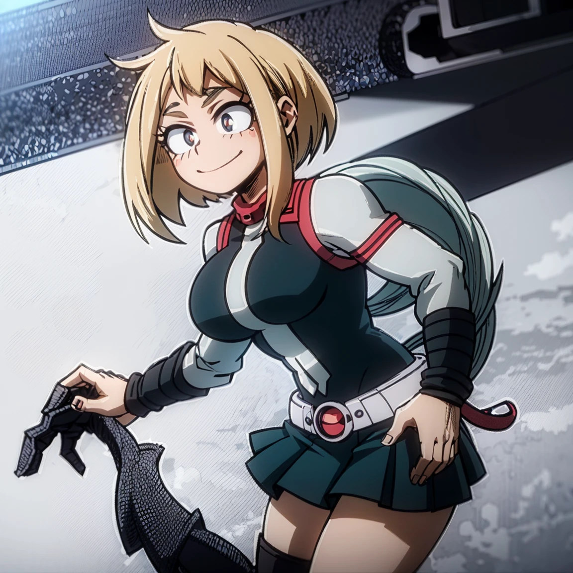 1girl, female focus, boku no hero academia, masterpiece, best quality, very aesthetic, cowboy shot, big breasts, bob cut hair, blonde hair, blue eyes, smile, gray jacket, red tie, white shirt, teal skirt, gray tights, boots