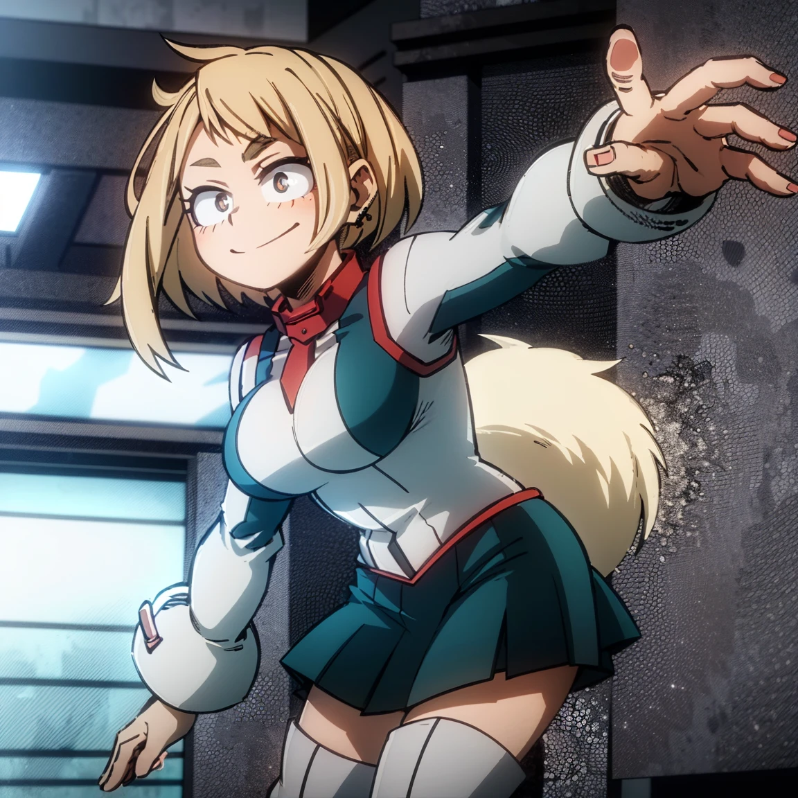 1girl, female focus, boku no hero academia, masterpiece, best quality, very aesthetic, cowboy shot, big breasts, bob cut hair, blonde hair, blue eyes, smile, gray jacket, red tie, white shirt, teal skirt, gray tights, boots