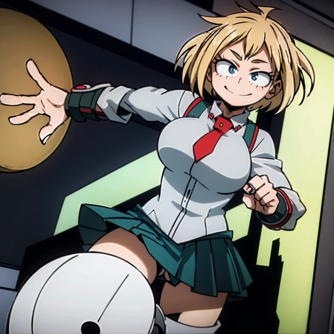 1girl, female focus, boku no hero academia, masterpiece, best quality, very aesthetic, cowboy shot, big breasts, bob cut hair, blonde hair, blue eyes, smile, gray jacket, red tie, white shirt, teal skirt, gray tights, boots