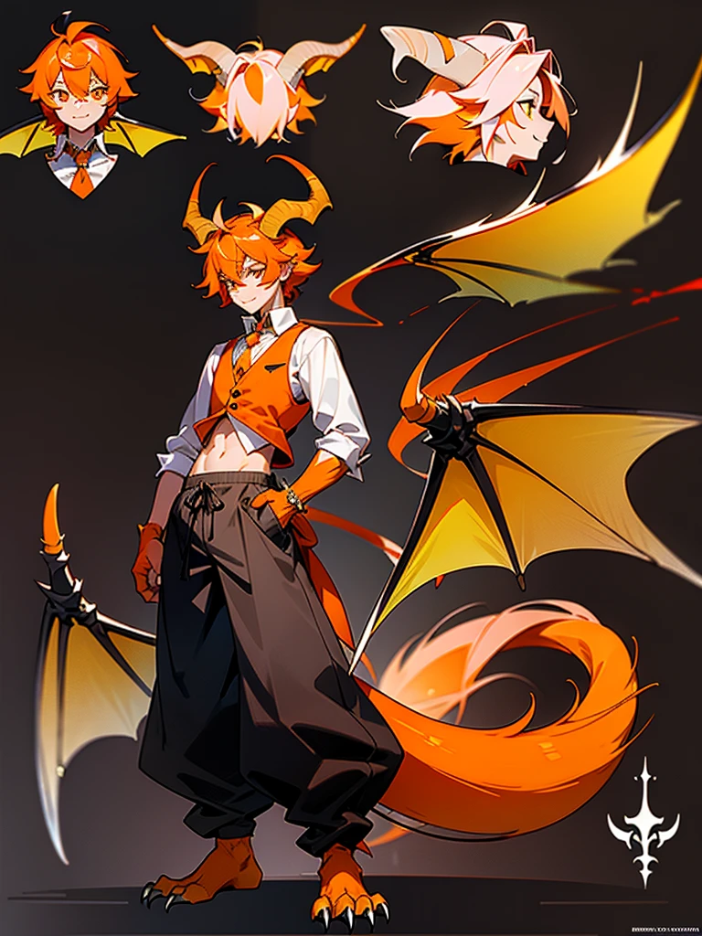 Reference sheet of a young man with orange hair, pointed furry ears, furry colorful limbs, two black horns, insectoid plates on chest and tummy, claws on hands, two dragon wings and tail in open vest and baggy pants with ornaments