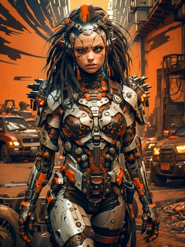 A highly detailed and realistic skull girl,( Anya. Taylor Joy) cyberpunk character, mad max furiosa, one hand robot, cyborg arm, orange hair, dramatic metal heavy rock theme, best quality, 8k, hyperrealistic, photorealistic, extreme detailed painting, studio lighting, vivid colors, dark moody atmosphere, cinematic, dramatic pose, intricate mechanical details, glowing energy effects, intense gritty textures, seamless integration of organic and inorganic elements. Wearing the used clothes of a wastelander. Background: An apocalyptic wasteland. Dusty and depressing.