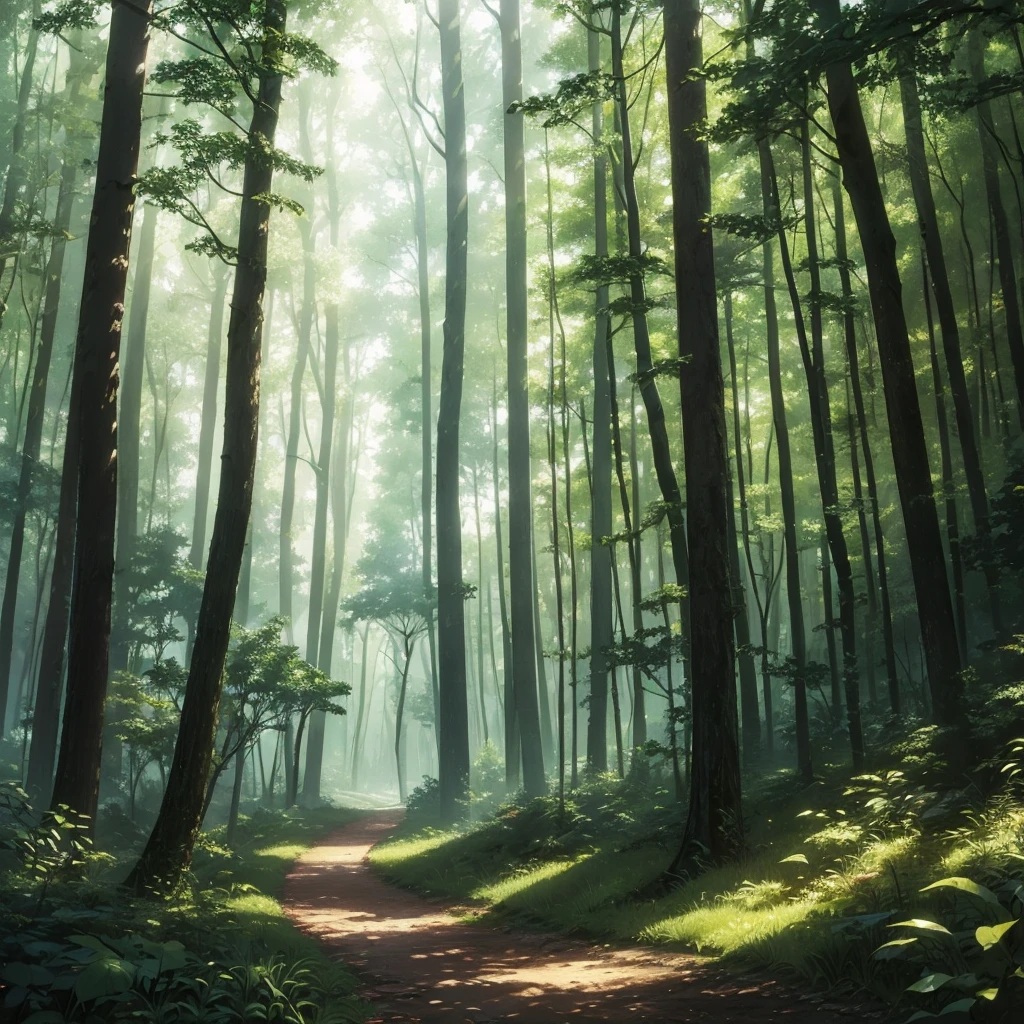 painting of a forest scene with a path through the trees, a picture inspired by Igor Kieryluk, Artstation contest winner, tonalism, anime lush john 8k woods, forest clearing landscape, vast forest, forest clearing, lush forest, peaceful lushious forest, lush forest landscape, beautiful forest, wooded environment, forest environment, forest, really beautiful forest
