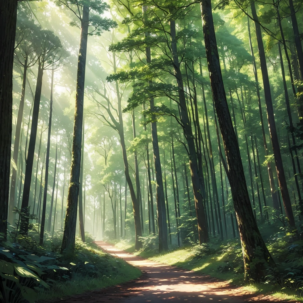 painting of a forest scene with a path through the trees, a picture inspired by Igor Kieryluk, Artstation contest winner, tonalism, anime lush john 8k woods, forest clearing landscape, vast forest, forest clearing, lush forest, peaceful lushious forest, lush forest landscape, beautiful forest, wooded environment, forest environment, forest, really beautiful forest
