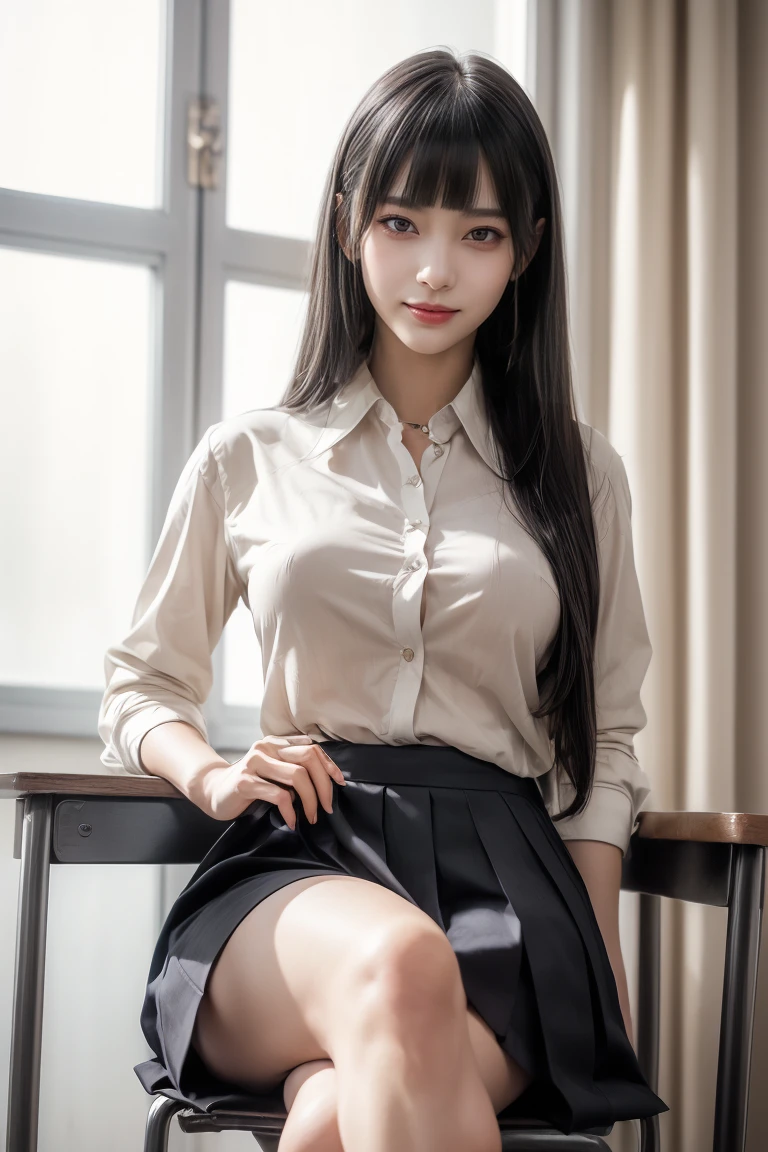 ((crossed legs:1.5)),Ultra-high resolution、(((Blunt bangs, Princess Bang))), (((Very heavy,Voluminous bangs:1.1))),(((very length, Very heavy,Very voluminous side locks:1.1))),, Princess Cut, Straight bangs hairstyle, Round face with Blunt bangs, length, Glossless hair、Bangs cut straight,(masterpiece, Highest quality:1.5), (ultra detailed 8k cg:1.4), (hyperRealistic:1.25), (PhotoRealistic:1.25), (Realistic:1.4), Cowboy Shot, (One from the front.4), (smile1.3), Beautiful Japanese Girl, 12 years old, Supermodel, Japanese Idols, (smile), Big Breasts, Sweat、(school uniform:1.5)、(sitting on a chair in the classroom)、Accentuate your cleavage:1.5、Black Hair:1.2、Full body image、((Real person:1.5))、((from below:1.5))