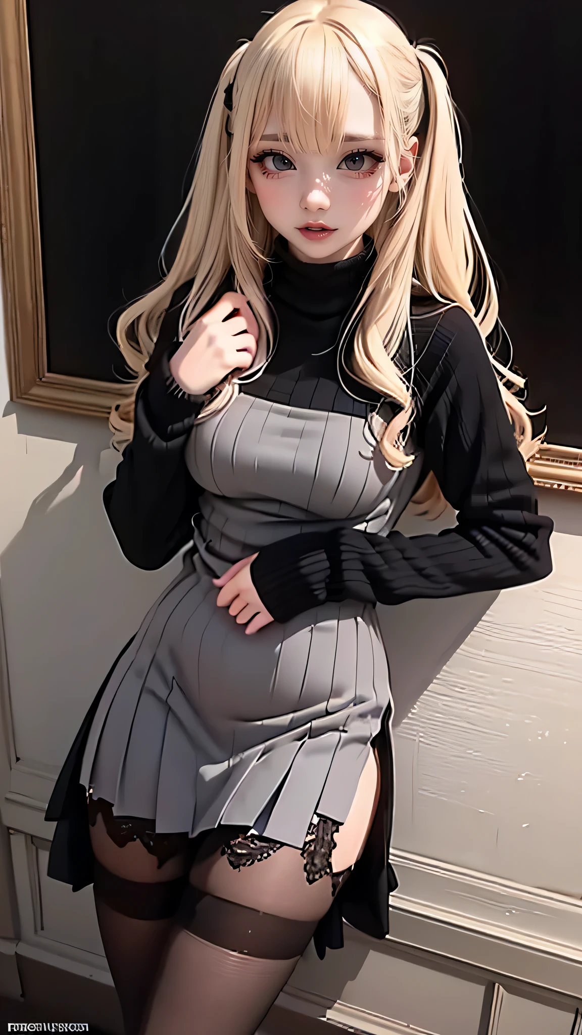 virgin destroyer sweater,black pantyhose,spread legs,high school girl,(Thin type),(large breasts),(random hairstyle),(Highest image quality, (8K), Ultra-realistic, Best Quality, High quality, High Definition, high quality texture, high detailing, Beautiful detailed, fine detailed, extremely details CG, Detailed texture, realistic representation of face, masterpiece, presence)