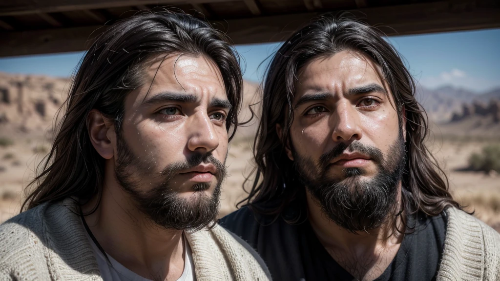 A dramatic photographic style image of a middle-aged man with dark hair and a thick beard, of Middle Eastern ethnicity, sitting among the ashes, looking up with a determined expression. A middle-aged woman with long dark hair and brown eyes, of Middle Eastern ethnicity, stands nearby with a frustrated look. The background shows the barren landscape. The atmosphere is one of defiance and unwavering faith. Created Using: Fujifilm X-T4, wide-angle lens, natural lighting, high resolution, vivid colors, detailed textures, HD quality, emotional intensity.