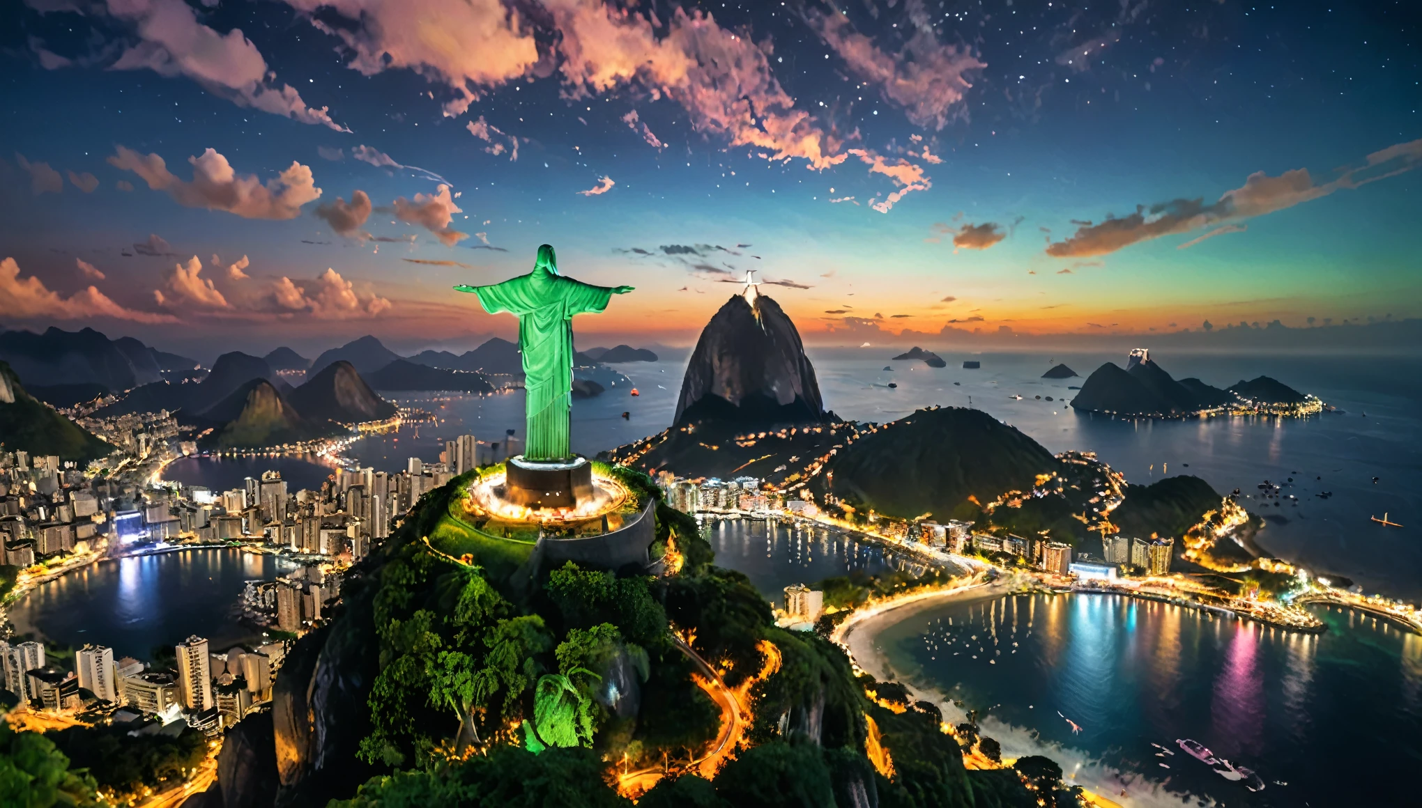 Reality,4K,8K, Vibrant and colorful night scenery ,Brazil,Rio de Janeiro,Christ the Redeemer ,Ocean,With bold brushstrokes and unnatural colors