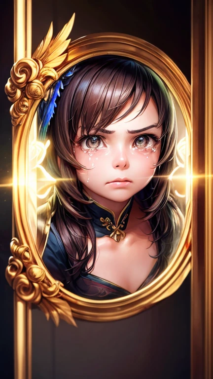 Best Picture Quality, Masterpiece Level, Ultra High Resolution, Realism, Fantasy Theme, Head Close-Up, A Girl, Single, Scatter, Chinese Architecture, Indoor, First-Person Perspective, Phoenix Headdress, Floral Dress, Get Detailed Interior Lighting and Cinematic Lighting, Increase Detailed Overall Ambient Light, Face and Eye Detail, Improve Face Detail Realism, Clear Sharp Focus, Sobbing, Mouth Biting, Frowning, Bright Eyes, Simple Background, Sony Master Lens.