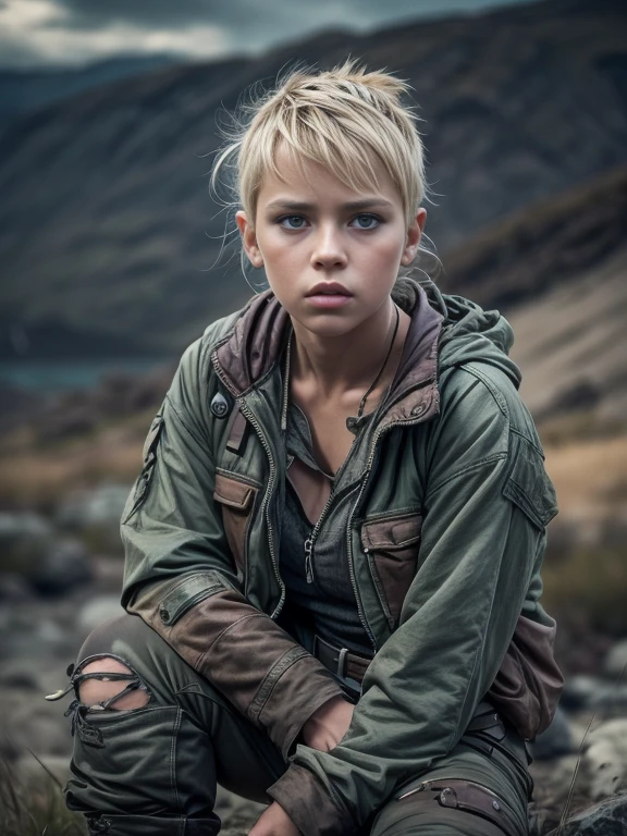 Masterpiece, half body shot of a beautiful 12 years old Norwegian tween girl in a post-apocalyptic Norwegian wilderness, shy pose, punk blonde short hi-top hair shaved on sides, blue-grey eyes, very pale skin, high detailed skin, skinny body, tense face, dramatic face, shy face, very tired face, wearing military camo pants, wearing a light kaki tight mini crop top, innocent girl, shy girl, wild girl, post-apocalyptic style, RAW, hi noon lighting, threatening nordic sky, 8K, ultra high res.photorealistic, UHD, DSLR, Phase one XF IQ4, 150 MP, apocalyptic and devastated hot summer Fjord landscape in the background, dirt, dust, rumbles, debries, Mad Max movie vibes