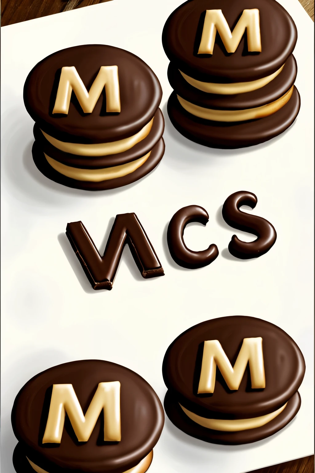 drawing of chocolate alfajores with more letters W and M in the form of a title 