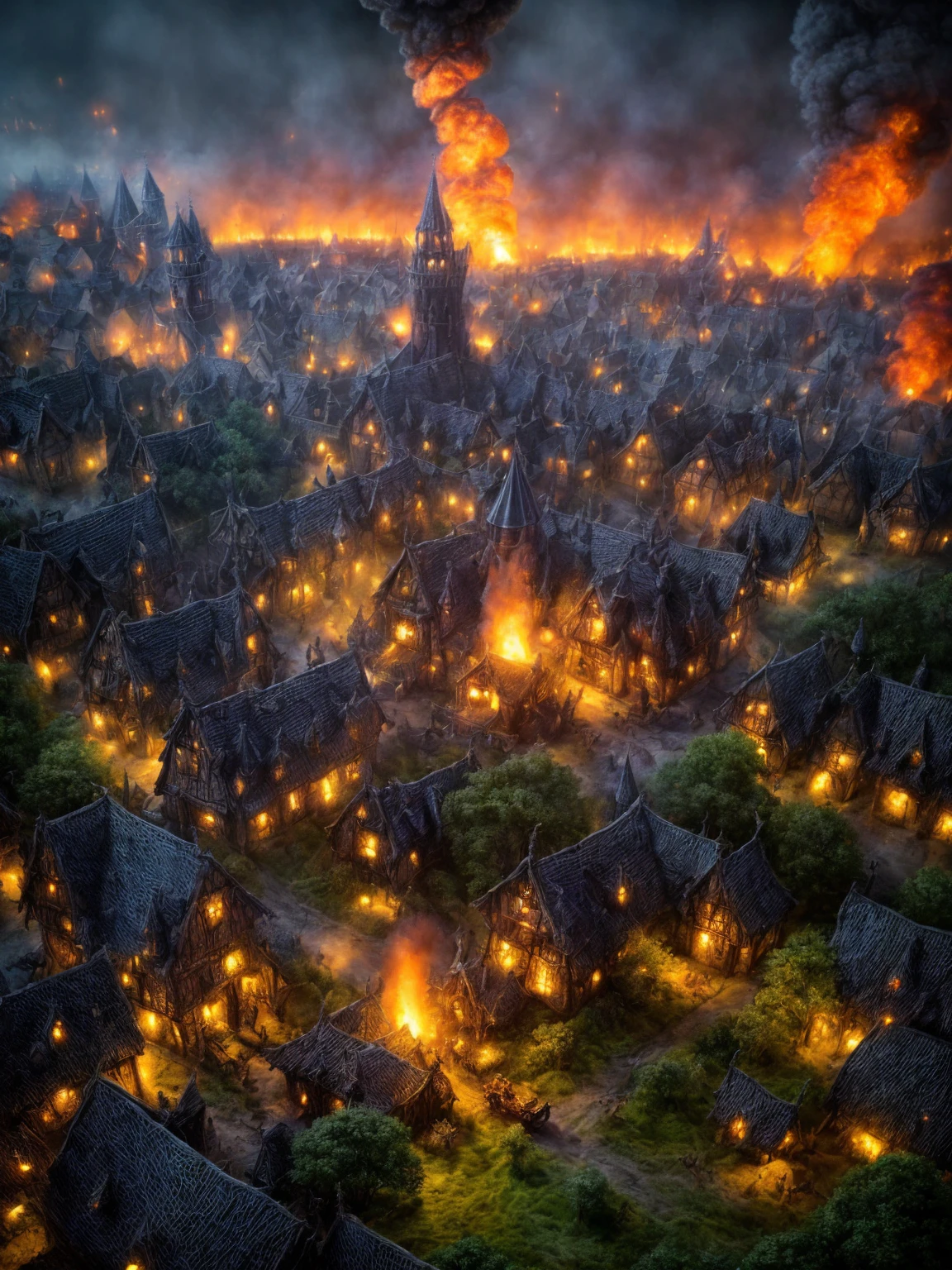 (Award-winning masterpiece:1.5), (incredible detail), (hyper realistic:1.4), (whole body:1.7), (medieval witch village under attack), (brutal creature launching an assault), (houses ablaze), (witches screaming in panic), (detailed depiction of destruction), (dramatic lighting), (intricate details:1.1)