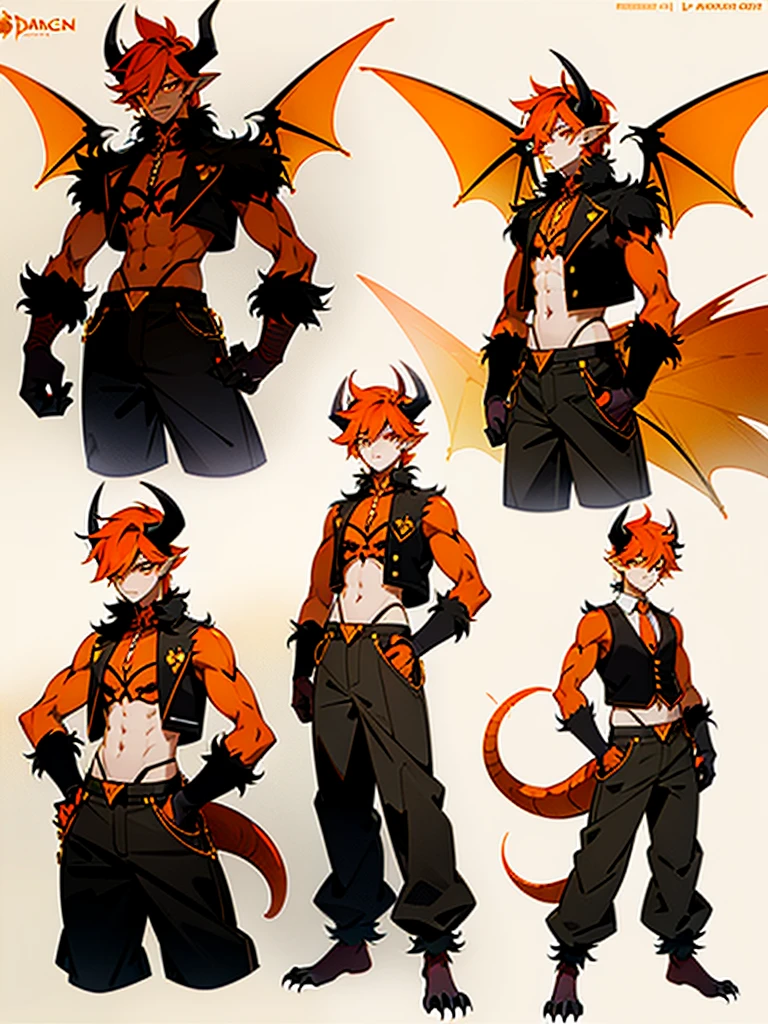 Reference sheet of a young man with orange hair, pointed furry ears, furry colorful limbs, two black horns, insectoid plates on chest and tummy, claws on hands, two dragon wings and tail in open vest and baggy pants with ornaments