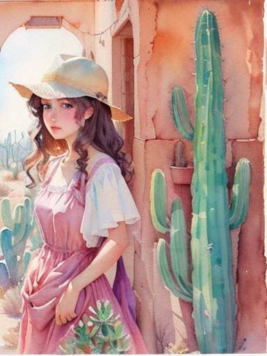 painting of a woman in a hat and dress standing in front of a cactus, the desert is in watercolor, the desert is in color pencil, inspired by Guy Rose, watercolor on paper, impressionist watercolor, watercolor inpaint, fantasy watercolor, rough watercolor painting, a watercolor painting, watercolor colored painting, watercolor sketch, watercolor illustration, water color on paper, watercolor on canvas