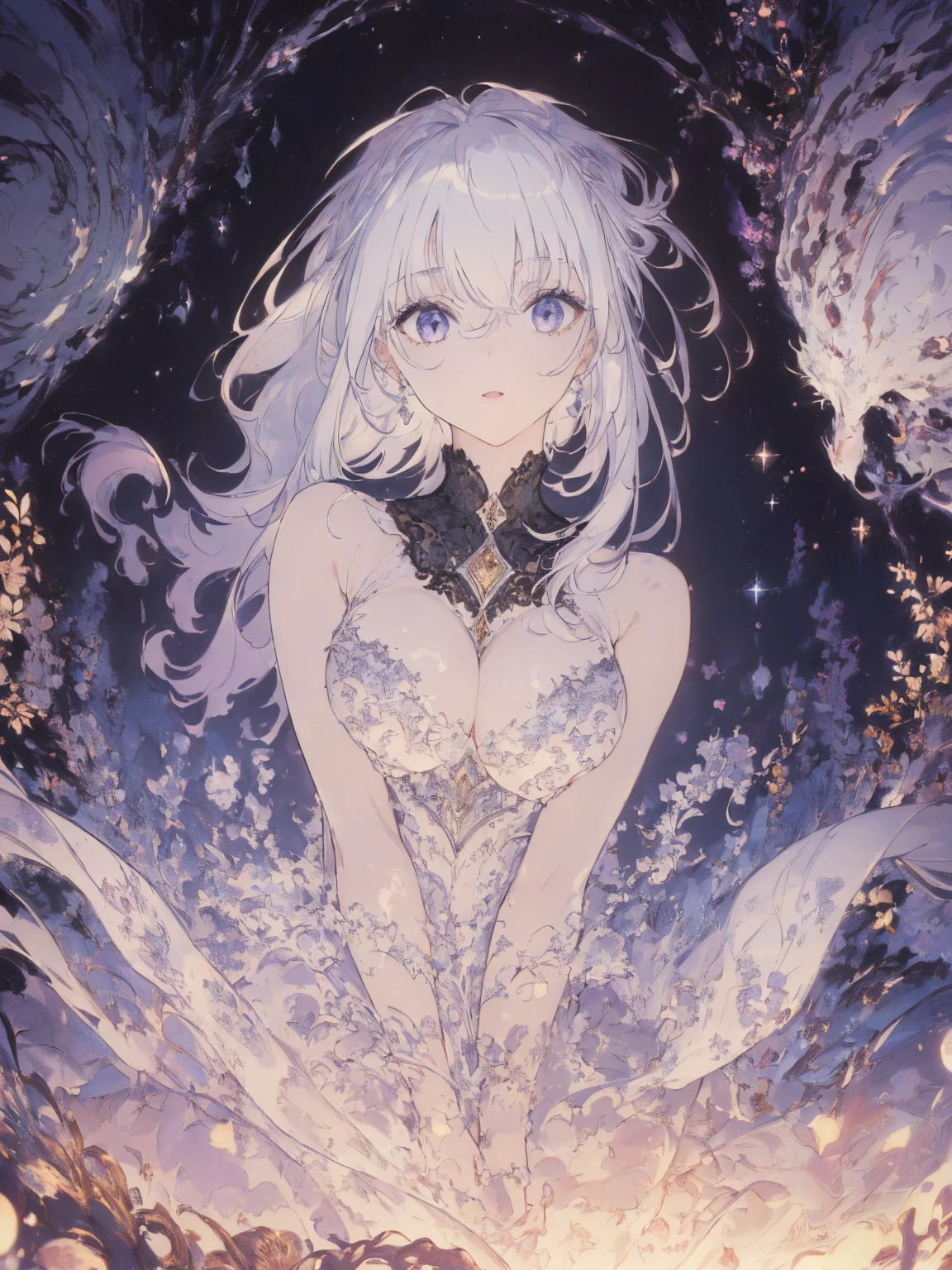 (Landscape photo, with a woman in the bottom right of photo:1.5, in white garden:1.5), Masterpiece, best quality, (very detailed CG unity 8k wallpaper), (best quality), High definition RAW color art, Animation,sculptures, (black Marble Skin), (((Ultra detailed elegant))), Magical atmosphere, Detailed skin, Texture,(Intricately detailed, Fine detail, ultra-detail art), depth of fields, Bokeh, Silky Touch, Hyper Detail, beautiful eyes, elegant face, (upper body focus, squating:1.3), sparkle background, enormous breast:1.3, (silver hair), pose, muscle, rose,  ドラマチックな光, pastel purple