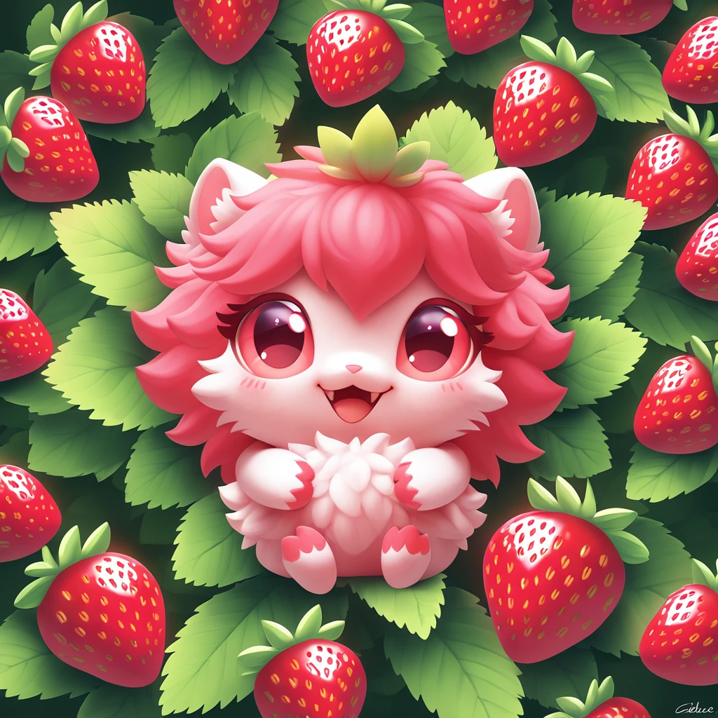 fluffy cute ball of strawberry with lovely eyes and in a garden of berries