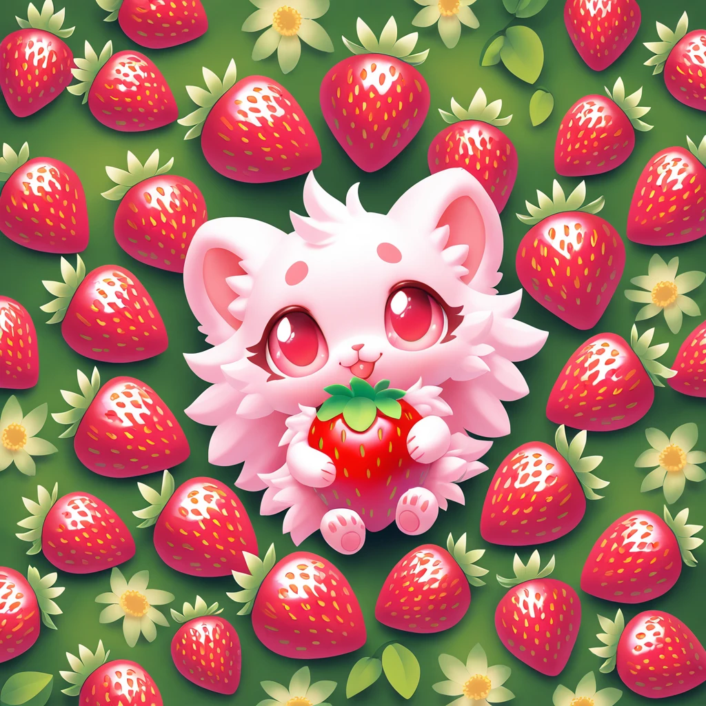 fluffy cute ball of strawberry with lovely eyes and in a garden of berries