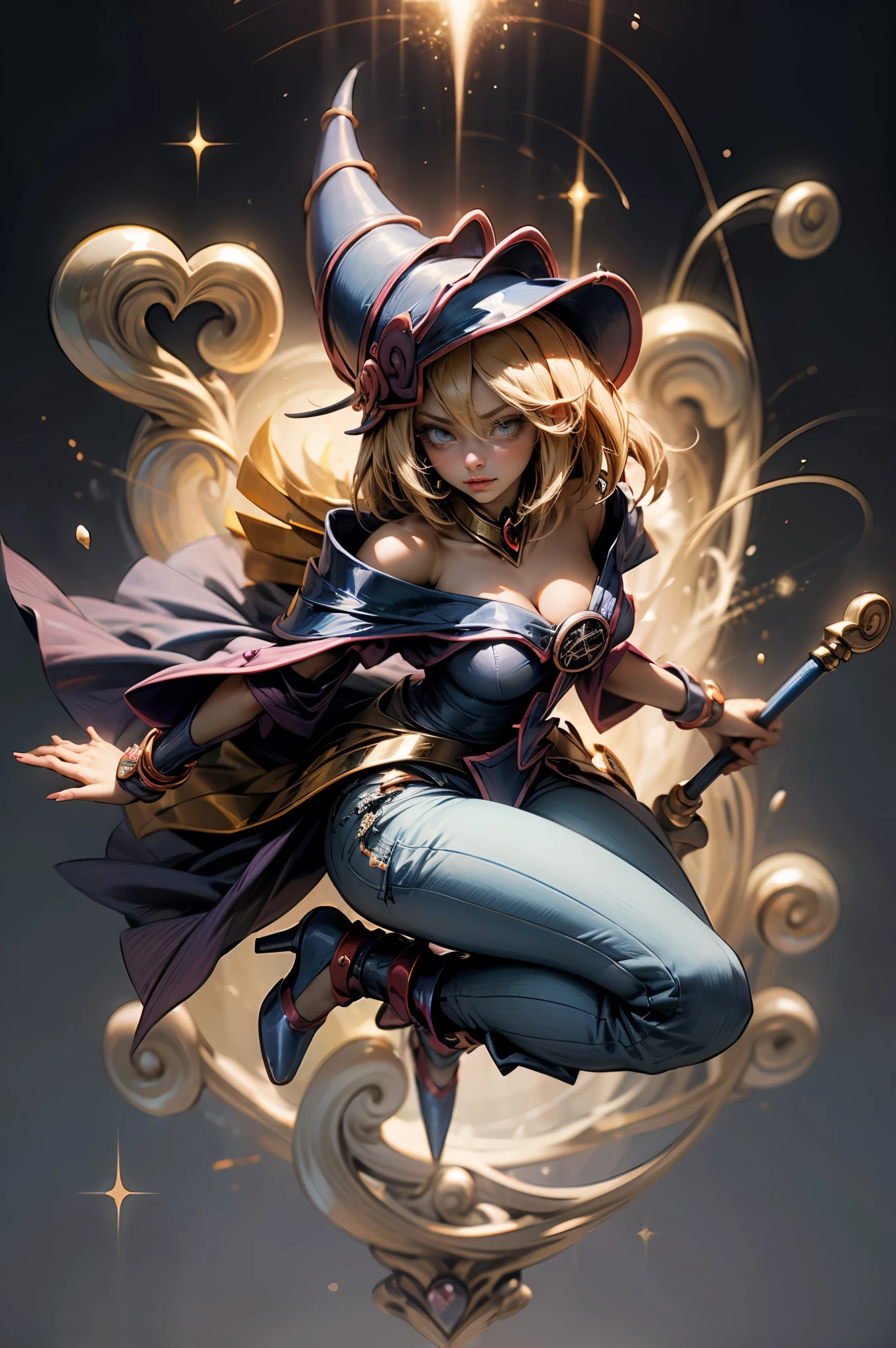 (Masterpiece:1.2), (The best quality:1.2), perfect lighting, Dark Magician Girl casting a spell, in battle. floating in the air, big and visible tits, wear jeans and heels. transparent neckline, blue robe, big hat, From above, sparkles, Yugioh game, The magic of the heart, romantic heart.