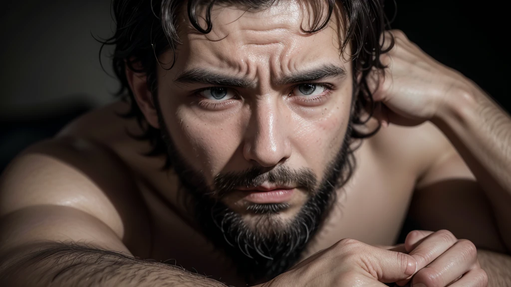 A detailed photographic style close-up image of a middle-aged man with dark hair and a thick beard, of Middle Eastern ethnicity, holding a broken piece of pottery and scraping painful boils on his arm. His skin is inflamed and broken, and his face shows deep pain and suffering. The background is a close-up of ashes. The atmosphere is one of physical torment and emotional agony. Created Using: Nikon D850, macro lens, intense lighting, high contrast, vivid colors, detailed textures, HD quality, realistic portrayal.