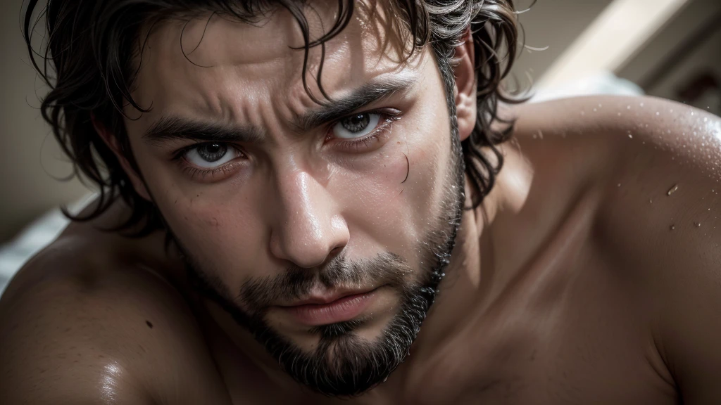 A detailed photographic style close-up image of a middle-aged man with dark hair and a thick beard, of Middle Eastern ethnicity, holding a broken piece of pottery and scraping painful boils on his arm. His skin is inflamed and broken, and his face shows deep pain and suffering. The background is a close-up of ashes. The atmosphere is one of physical torment and emotional agony. Created Using: Nikon D850, macro lens, intense lighting, high contrast, vivid colors, detailed textures, HD quality, realistic portrayal.
