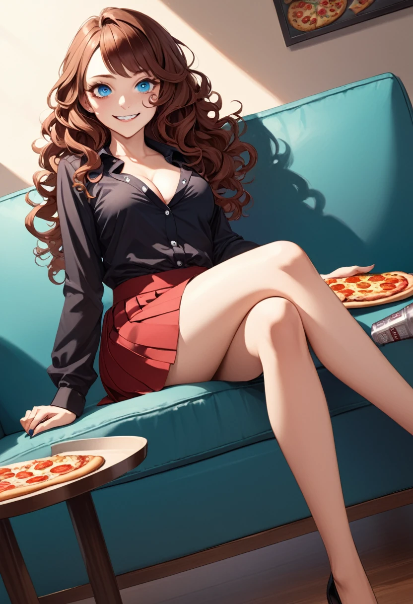 detailed illustration (side view),dynamic angle,ultra-detailed, detailed eyes, detailed face, 1girl, red solo cup, pizza, long brown hair, wavy hair, mischievous smirk, blue eyes, detailed eyes, bright eyes, black blouse, cleavage, buttoned blouse, dark red skirt, mini skirt, crossed legs, sitting, couch,