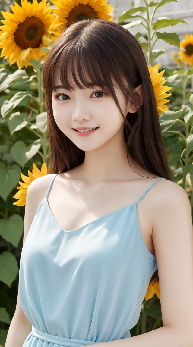 (((topless))), ,(1若い女の子Very detailed美しい顔), (((Natural Makeup))),Great face and great quality:1.4), (Ultra-detailed), (Very detailed CG 統合 8k 壁紙), Very detailed,21 years old, High resolution raw color photos, Professional photography, Realistic portraits, Great face and eyes, Brown eyes,(((Straight medium brown hair))), model, Depth of written boundary,,sit,smile,(((topless))),(((Quite small breasts))),(Small blue shorts),(((Graceful pose))),,Sunflower field,(((Spread your arms wide)))
