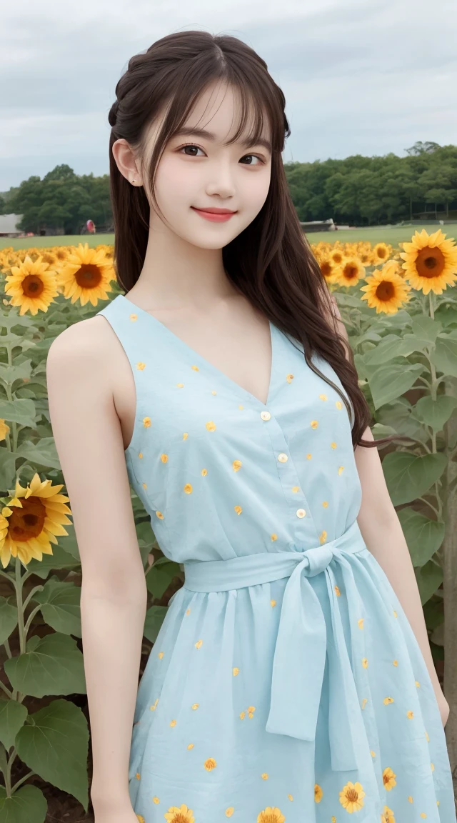 Tabletop, Highest quality, Very detailed, In detail, High resolution, 8k wallpaper, Beautiful big eyes,Black-haired、, Slender body、爽やかなsmile、Shows the whole body down to the waist、Very beautiful face,Very well-formed face、With sunflowers in the background、Beautiful girl wearing a sleeveless dress、smile、