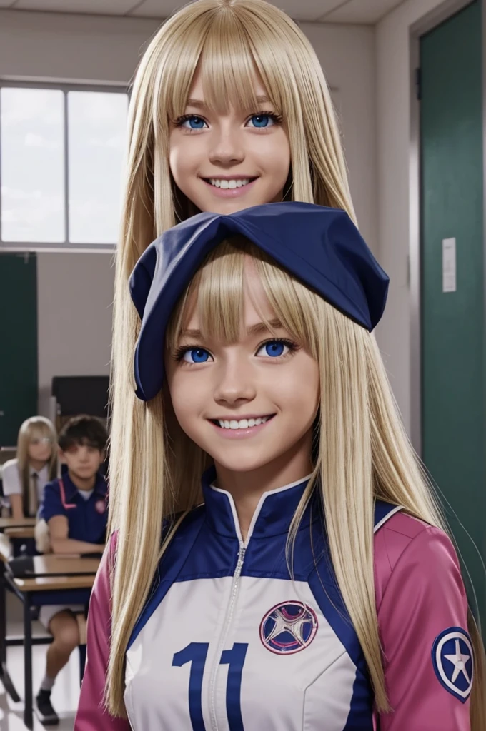 Screenshot of my hero academia. Girl with long blonde straight hair, with bangs. He has phosphorescent pink eyes and has a happy expression. He is wearing the UA uniform and in the background he has a school class.