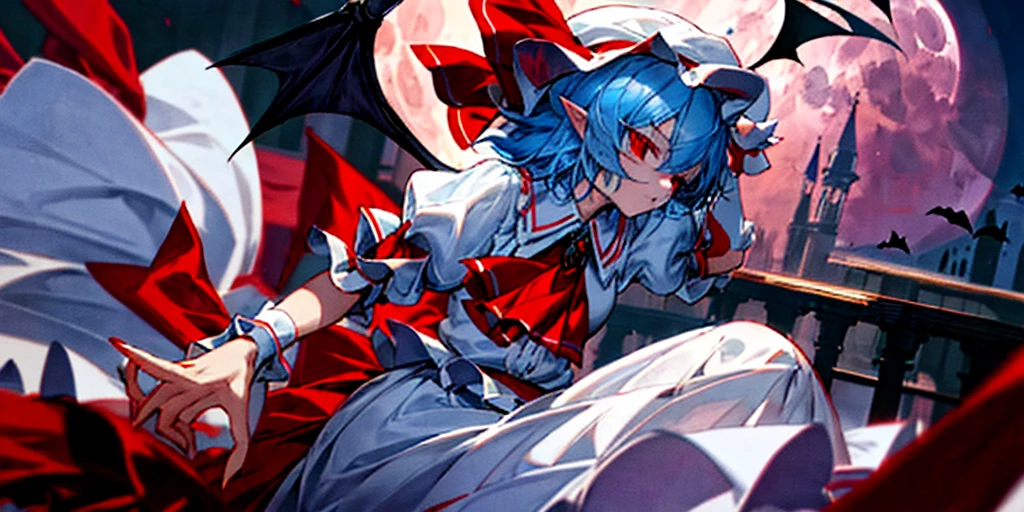 masterpiece,best quality,extremely clear,1girl,solo,remilia scarlet,red eyes,short hair,bat wings,hat,blue hair,hat ribbon,short sleeves,wrist cuffs,puffy short sleeves,red ribbon,frilled shirt,white skirt,frilled,white shirt,frilled sleeves,pointy ears,white headwear,red western style luxury mansion,night,red moonlight,