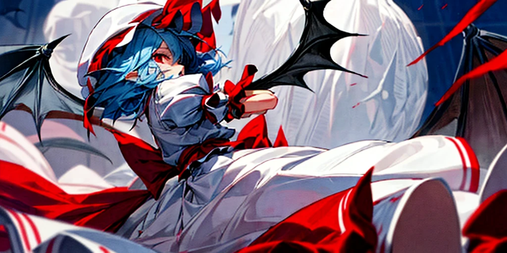 masterpiece,best quality,extremely clear,1girl,solo,remilia scarlet,red eyes,short hair,bat wings,hat,blue hair,hat ribbon,short sleeves,wrist cuffs,puffy short sleeves,red ribbon,frilled shirt,white skirt,frilled,white shirt,frilled sleeves,pointy ears,white headwear,red western style luxury mansion,night,red moonlight,