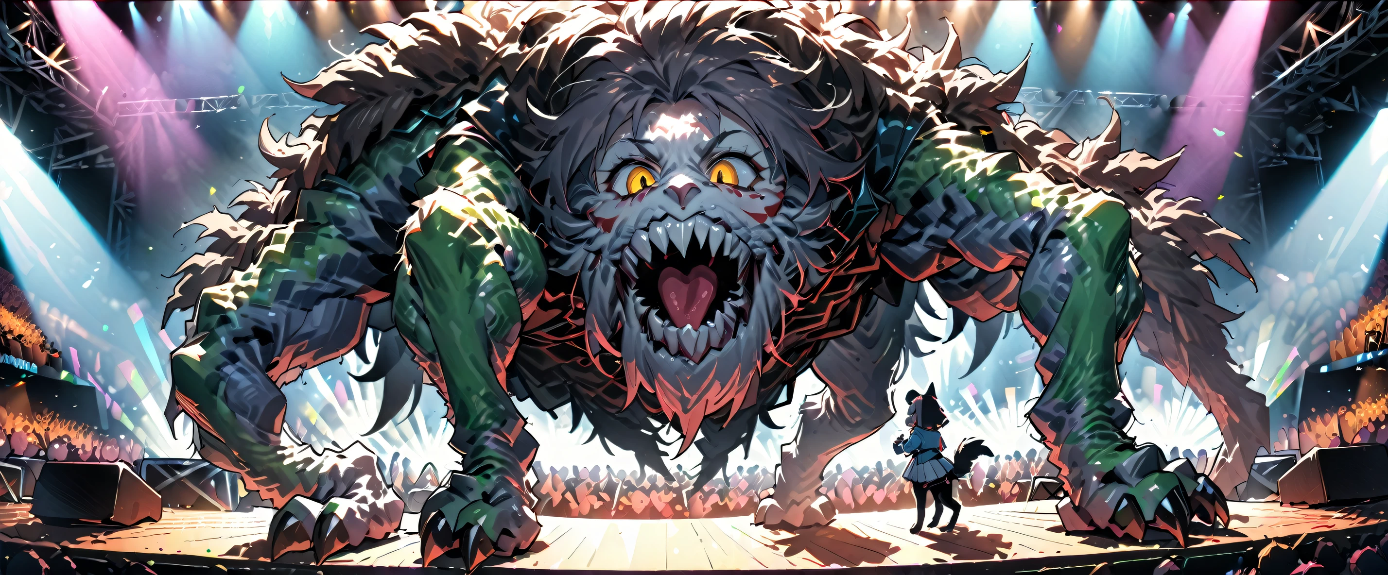 (((masterpiece,Highest quality))),(((A four-legged, indescribable but not terrifying hairy monster))),((On the stage of the concert venue)),(high quality)