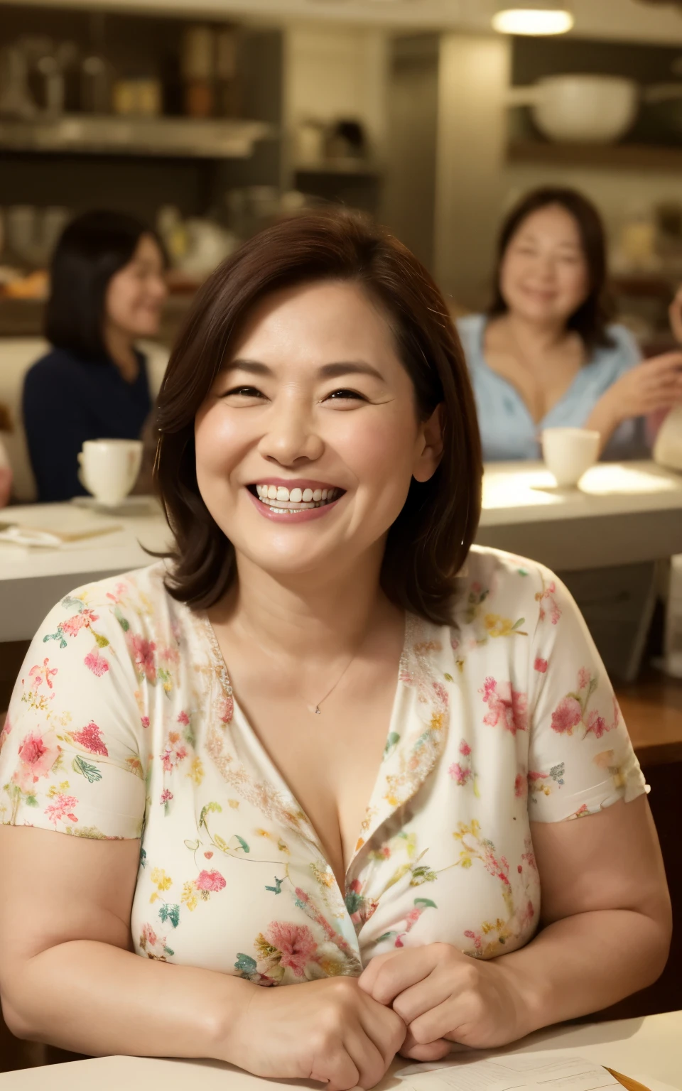 8k wallpaper, masterpiece, Highest quality, Super detailed, One Mature Woman, 50 years old, Become very clear, Wearing a spring-like shirt, Skin dents, Captivating smile, Looking at the audience, Cleavage, plump, Curvaceous, Fascinating face, Smiling with teeth showing, I was happy, Sitting in a cafe, Background Blur