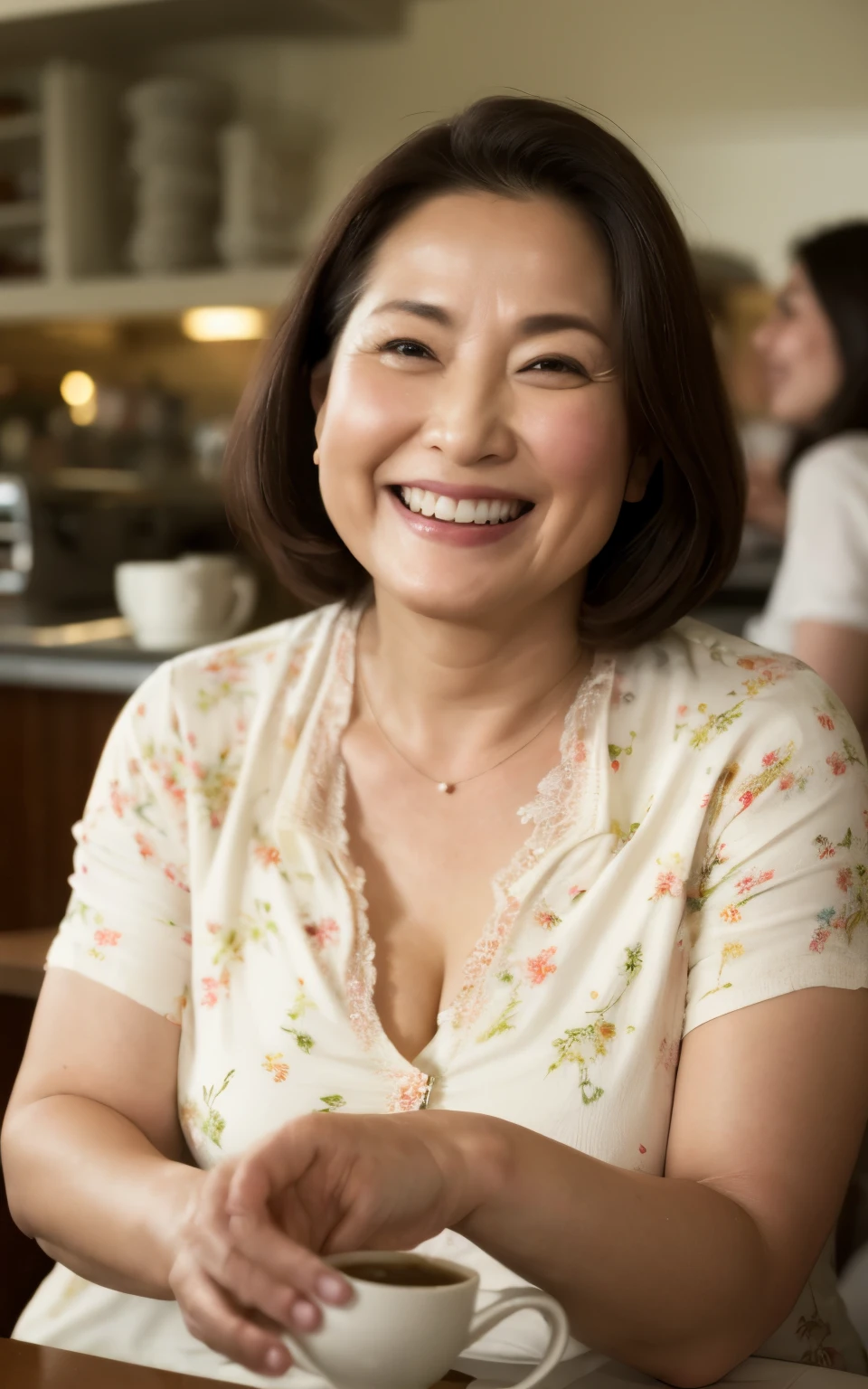 8k wallpaper, masterpiece, Highest quality, Super detailed, One Mature Woman, 50 years old, Become very clear, Wearing a spring-like shirt, Skin dents, Captivating smile, Looking at the audience, Cleavage, plump, Curvaceous, Fascinating face, Smiling with teeth showing, I was happy, Sitting in a cafe, Background Blur