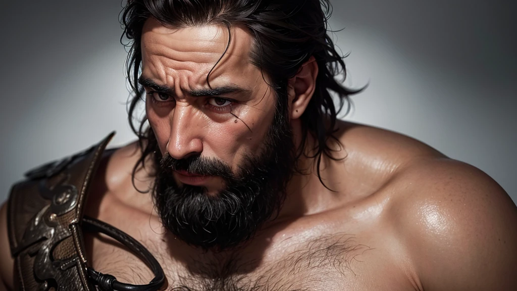 A detailed photographic style close-up image of a middle-aged man with dark hair and a thick beard, of Middle Eastern ethnicity, holding a broken piece of pottery and scraping painful boils on his arm. His skin is inflamed and broken, and his face shows deep pain and suffering. The background is a close-up of ashes. The atmosphere is one of physical torment and emotional agony. Created Using: Nikon D850, macro lens, intense lighting, high contrast, vivid colors, detailed textures, HD quality, realistic portrayal.
